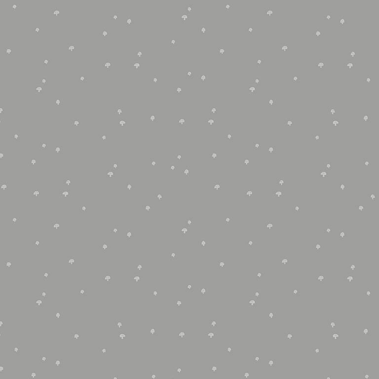 Steel gray fabric with a scattered design of tiny smoke gray mushrooms.