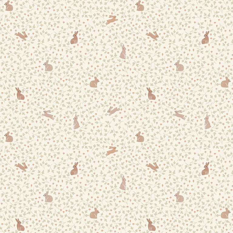 Cream fabric with an intricate leafy sprig design and mushrooms topped with rabbits.