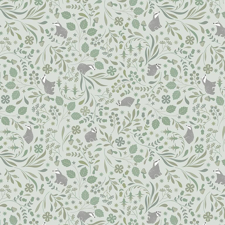 Misty green fabric with an intricate design of leafy and floral sprigs with scattered stars and badgers.