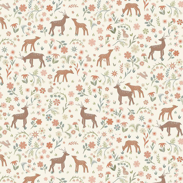 Cream fabric with rabbits and deer in a floral and leafy field.