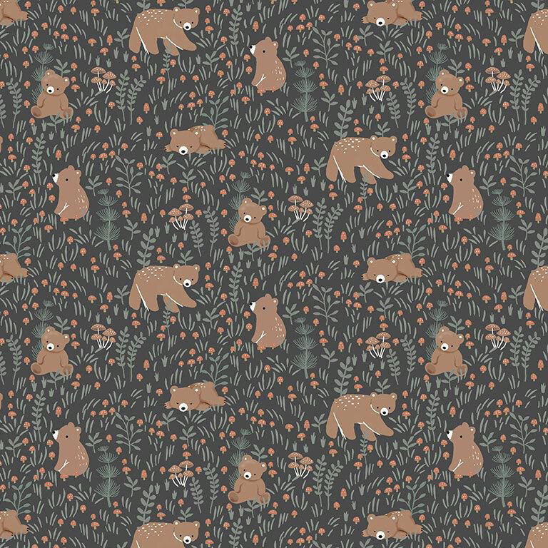 Soft black fabric with a scattered pattern of bear cubs in a grassy field with bunches of tiny mushrooms.