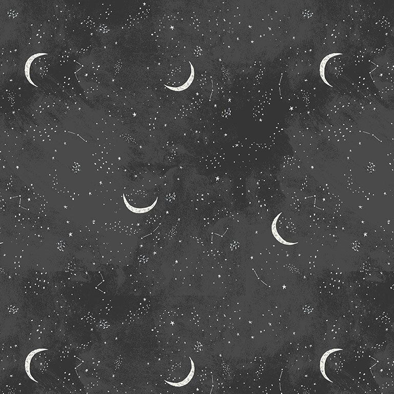 Soft black fabric with bright white stars, constellations, and crescent moons.