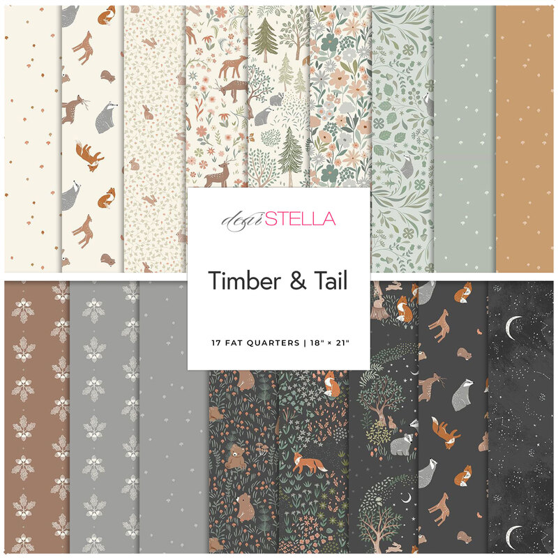 Digital collage of the Fat Quarter Bundle from the Timber & Tail fabric collection.