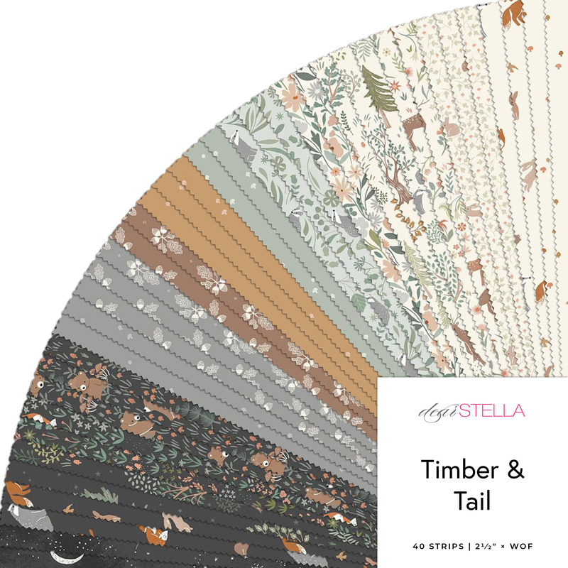 Digital collage of the 2.5" Strip Roll Bundle from the Timber & Tail fabric collection.