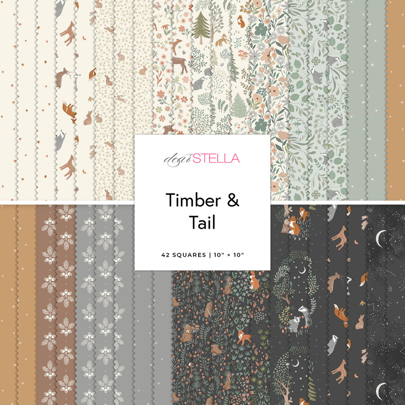 Digital collage of the 10" Square Bundle from the Timber & Tail fabric collection.
