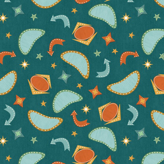 scattered pattern of retro road signs with stylized star motifs and arrows on a teal background.