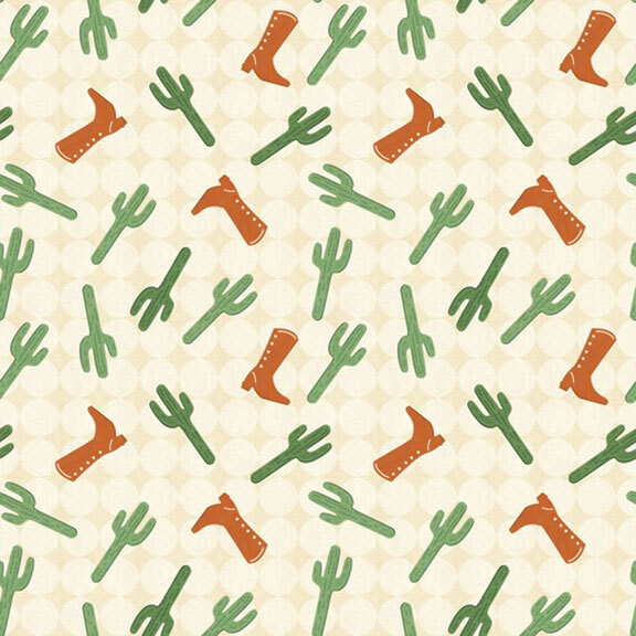 A scattered pattern of stylized orange cowboy boots and cactus on a cream geometric background.