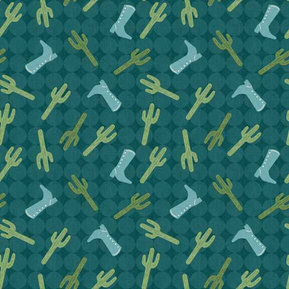 A scattered pattern of stylized aqua cowboy boots and cactus on a dark teal geometric background.
