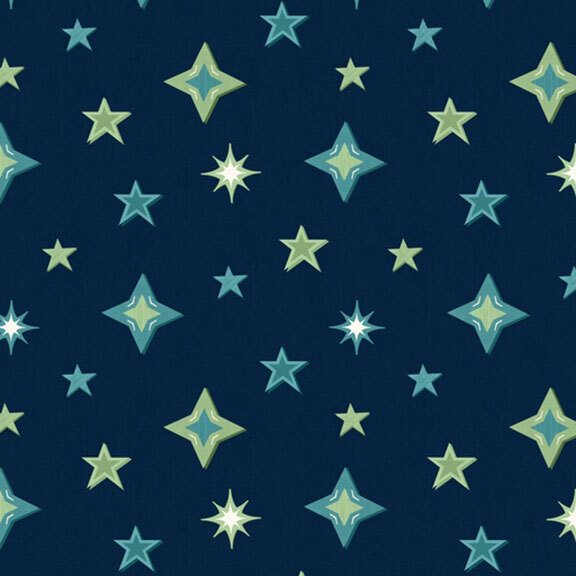 tossed pattern of stylized star motifs in hues of pistachio, teal, and aqua on a navy blue background.