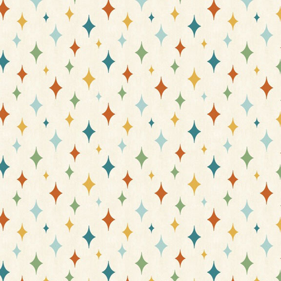 Varying sized diamond star motifs in hues of orange, green, yellow, teal, and blue on a cream background.