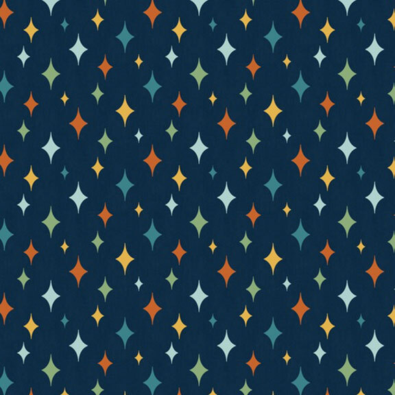 Varying sized diamond star motifs in hues of orange, green, yellow, teal, and ice blue on a navy background.