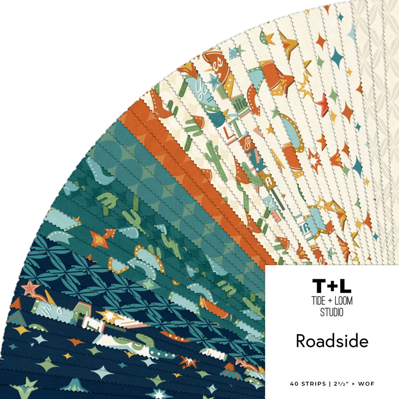 fanned collage of retro southwestern prints featuring road signs, stars, cacti, and geometric shapes in shades of cream, orange, teal, and navy