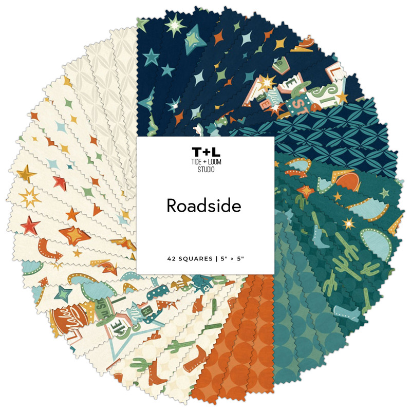 circular collage of retro southwestern prints featuring road signs, stars, cacti, and geometric shapes in shades of cream, orange, teal, and navy