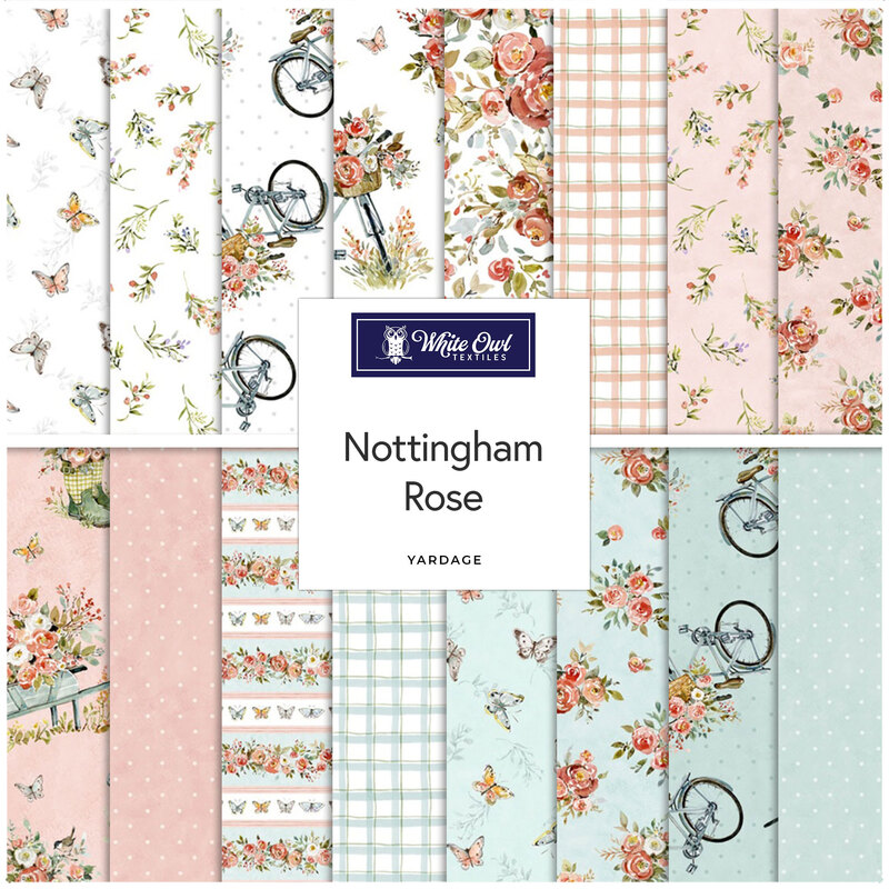 A fabric collage featuring shabby and pretty fabrics from the Nottingham Rose collection by White Owl Textiles. 
