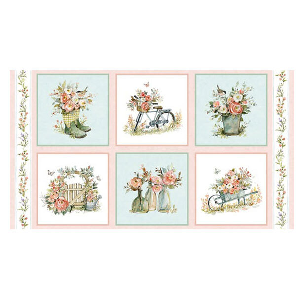 This multi colored panel features bikes, wheelbarrows, decorative glass bottles, and a garden gate all covered in flowers. 