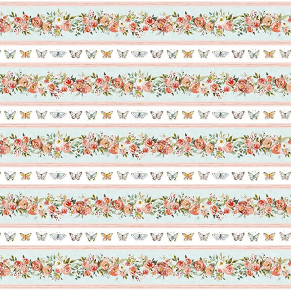 This multi colored border stripe features rows of pink and blue butterflies and pink watercolor florals. 