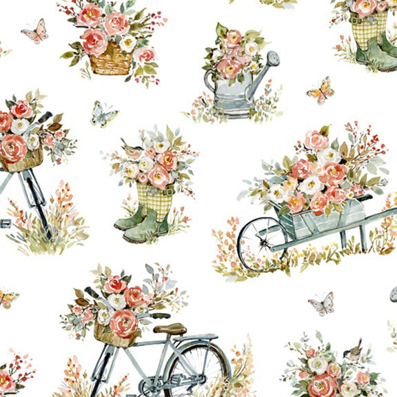 This white fabric features garden-themed motifs, including wheelbarrows, vintage bicycles, watering cans, and rubber boots, all overflowing with pink watercolor florals and fluttering butterflies.