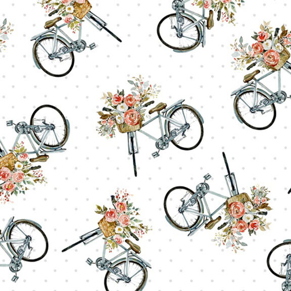This white polka dot fabric features vintage bicycles with their baskets filled with pink watercolor florals. 