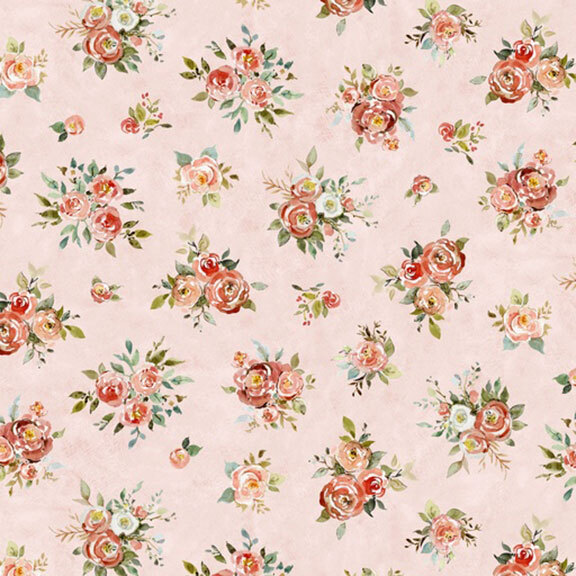 This mottled light pink fabric features tossed coral pink watercolor florals. 