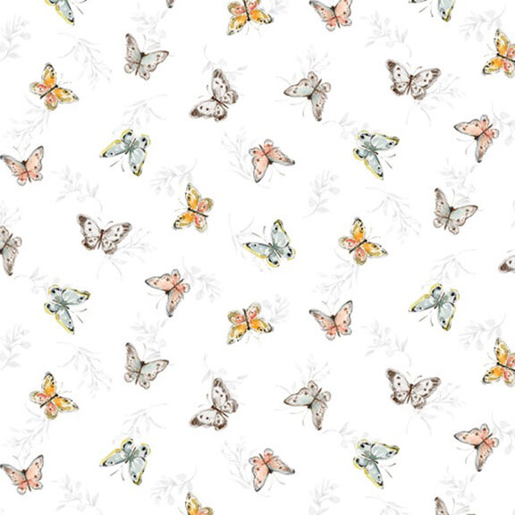 This white fabric features tossed butterflies and sprigs. 