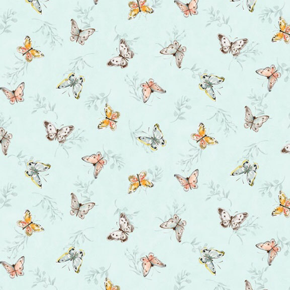 This cottage blue fabric features tossed butterflies and sprigs. 