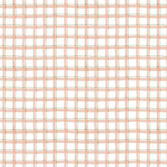 This white fabric features a light pink and green plaid design. 