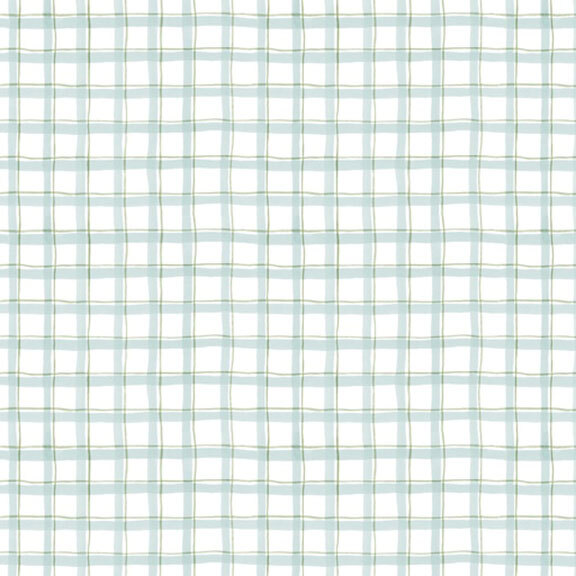 This white fabric features a cottage blue and green plaid design. 