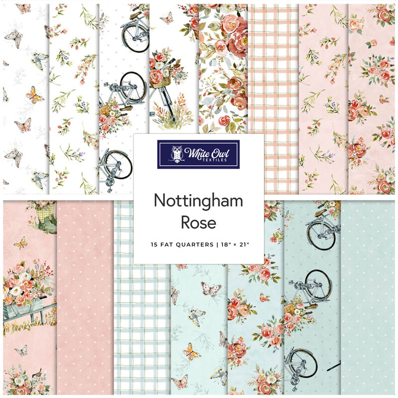 A fabric collage featuring shabby and pretty fabrics from the Nottingham Rose collection by White Owl Textiles. 