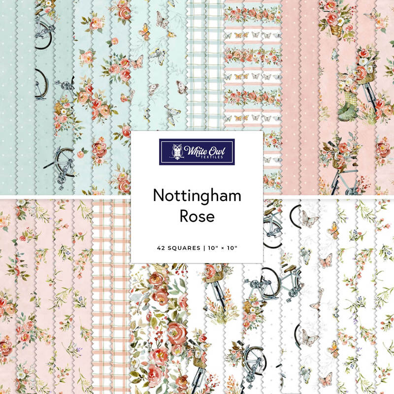 A fabric collage featuring shabby and pretty fabrics from the Nottingham Rose collection by White Owl Textiles. 