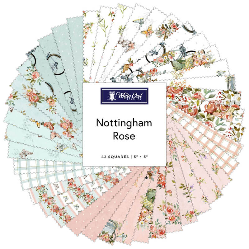 A spiral fabric collage featuring shabby and pretty fabrics from the Nottingham Rose collection by White Owl Textiles. 