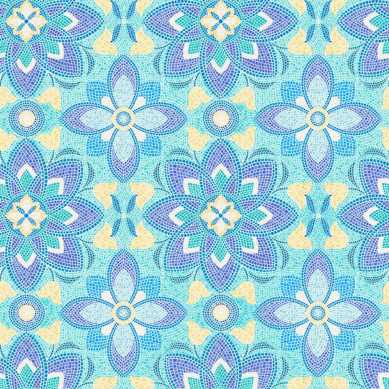mosaic floral motifs in shades of ice blue, purple, yellow, and azure on a aqua background.