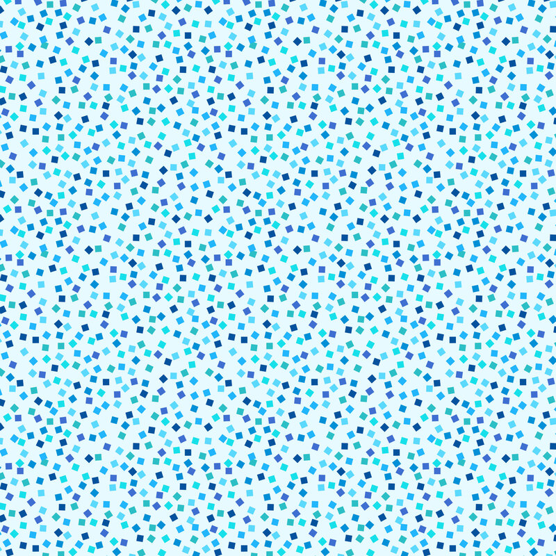 square mosaic tiles in shades of teal, aqua, and varying hues of blues scattered on a ice blue background