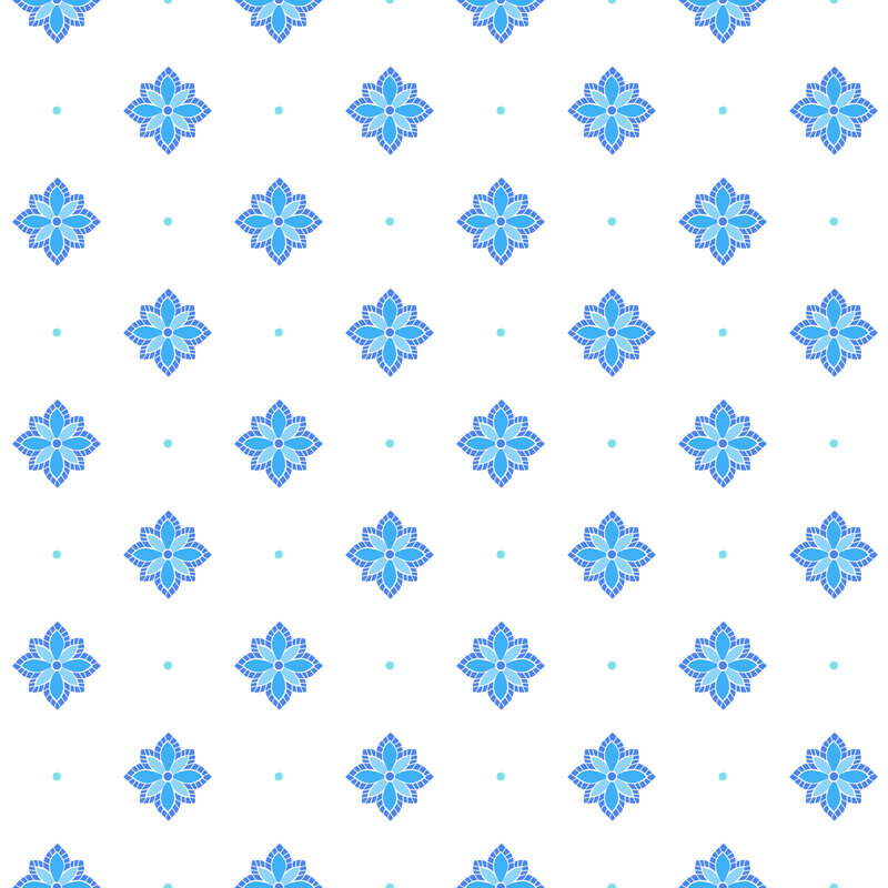 Azure and cornflower blue floral motifs accented by peacock blue dots on a white background.