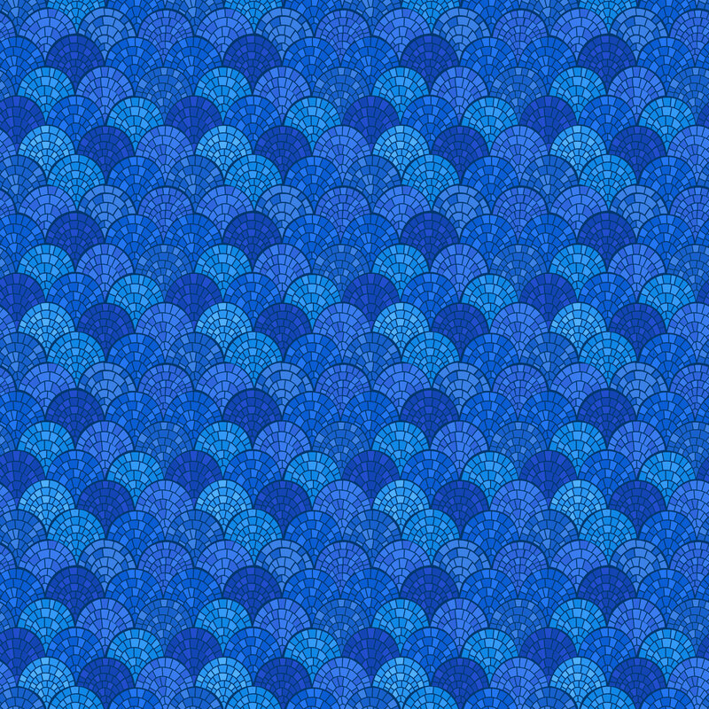 mosaic scalloped print in hues of ultramarine, azure, cobalt, and cornflower blue, 