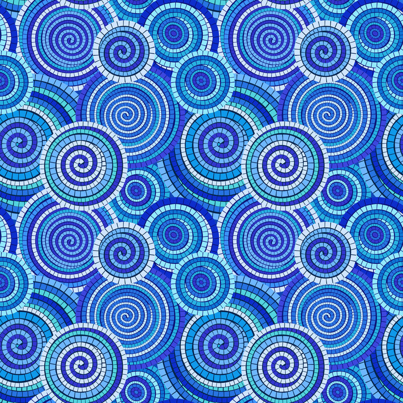 overlapping mosaic spirals in shades of ultramarine, aqua, white, and light blue