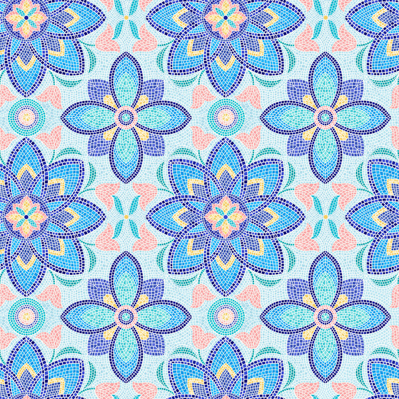 mosaic floral motifs in shades of aqua, salmon, yellow, and blue on a bleached denim background.