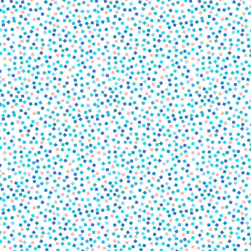 square mosaic tiles in shades of salmon, aqua, teal, and blue scattered on a white background