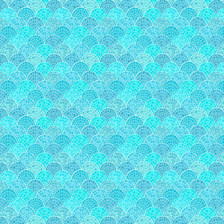 mosaic scalloped print in hues of turquoise, teal, cerulean, and lagoon
