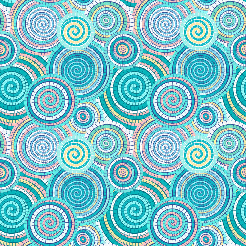 overlapping mosaic spirals in shades of turquoise, aqua, yellow, salmon, and white