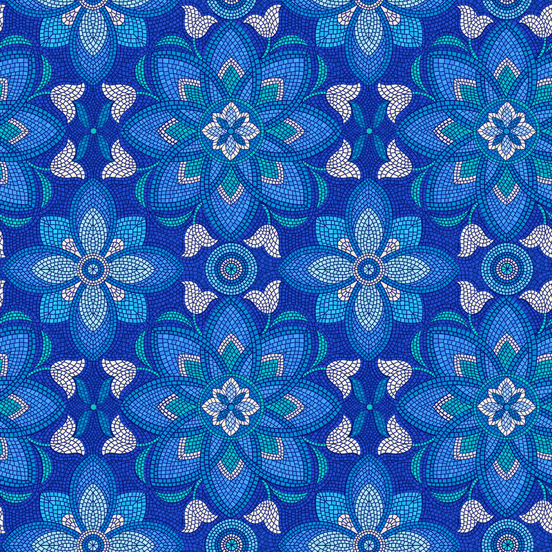 mosaic floral motifs in shades of blue, turquoise, white, and teal on a royal blue background.