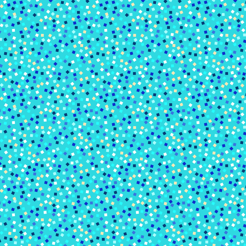 square mosaic tiles in shades of apricot, aqua, white, and varying hues of blue scattered on a bright aqua blue background