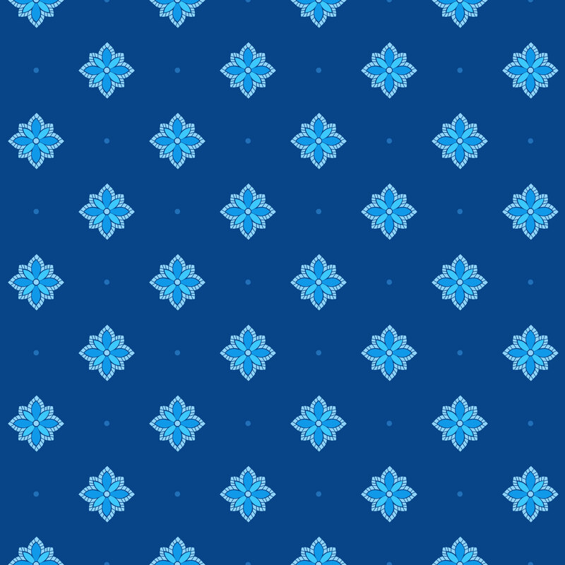 light blue and cornflower floral motifs accented by tonal dots on a dark blue background.