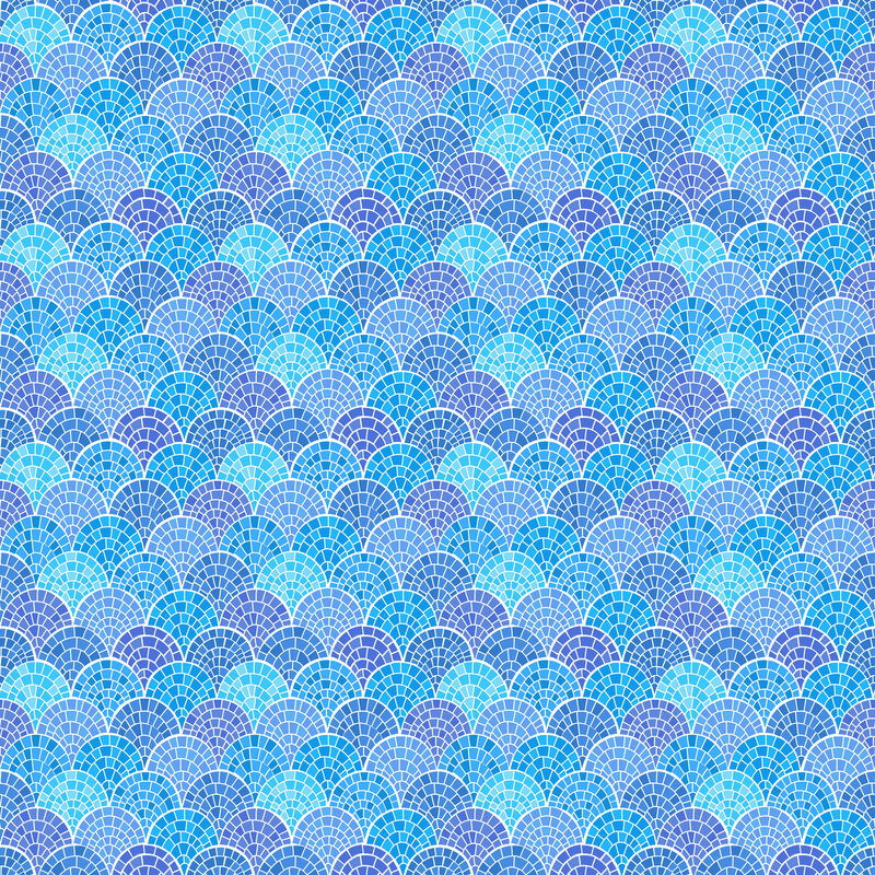 mosaic scalloped print in hues of aqua, azure, iris blue, and cornflower.