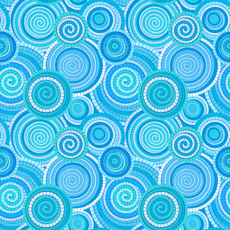 overlapping mosaic spirals in shades of aqua, white, sky blue, ice blue, and cornflower blue.