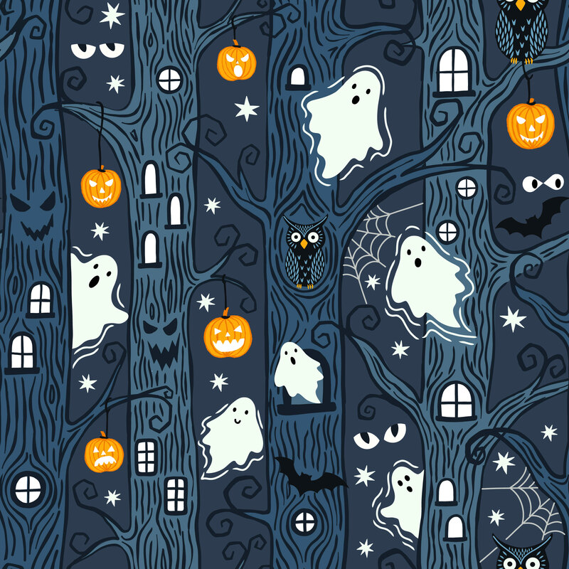 A cadet blue fabric with a spooky scene with ghosts, bats, and pumpkins.