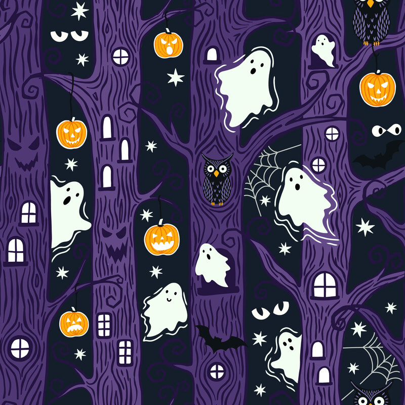 A deep indigo blue fabric featuring haunted trees, ghosts, jack-o'-lanterns, owls, bats, and spiderwebs.