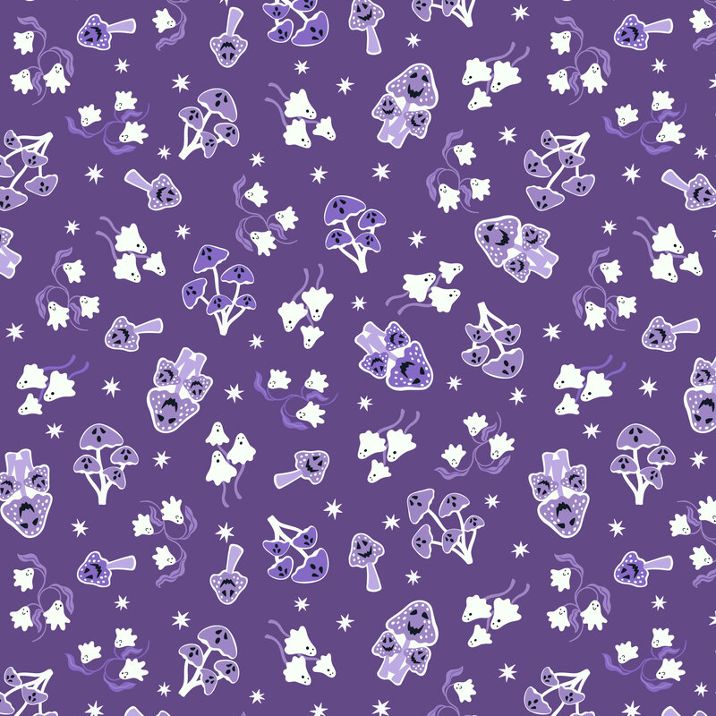 A violet fabric featuring white ghosts, purple mushrooms, and scattered stars.
