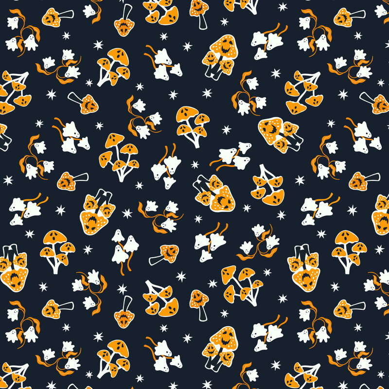 A deep indigo blue fabric featuring white ghosts, purple mushrooms, and scattered stars.