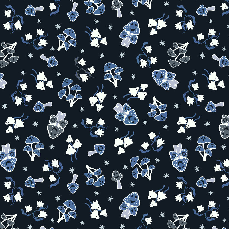 A deep indigo blue fabric featuring white ghosts, purple mushrooms, and scattered stars.