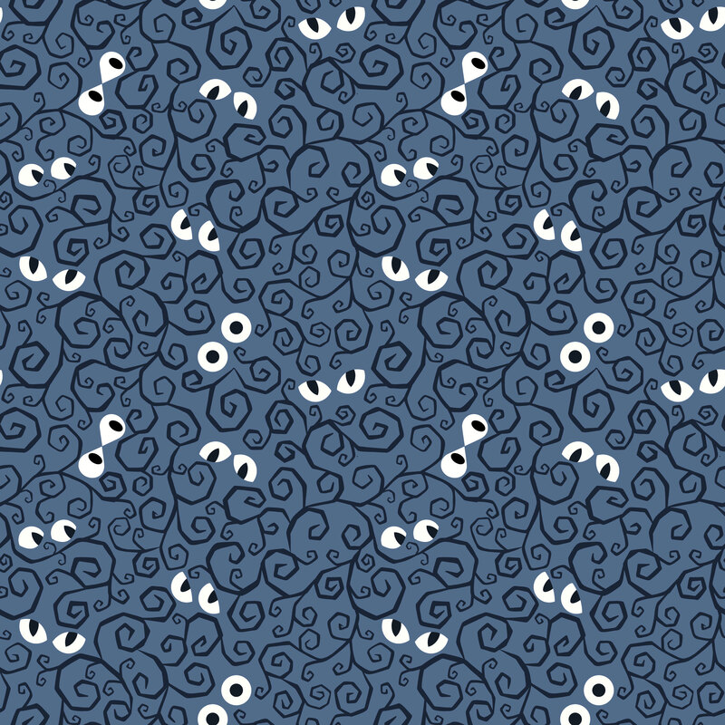 A cadet blue fabric featuring deep indigo swirls and scattered white eyes peeking through.